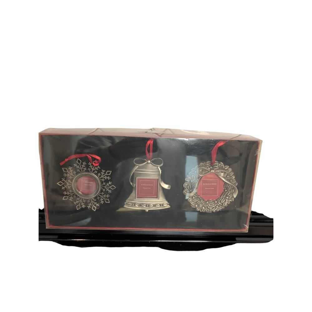 St Nicholas Square Christmas Ornament Photo Frames Set of 3 Pewter Silver